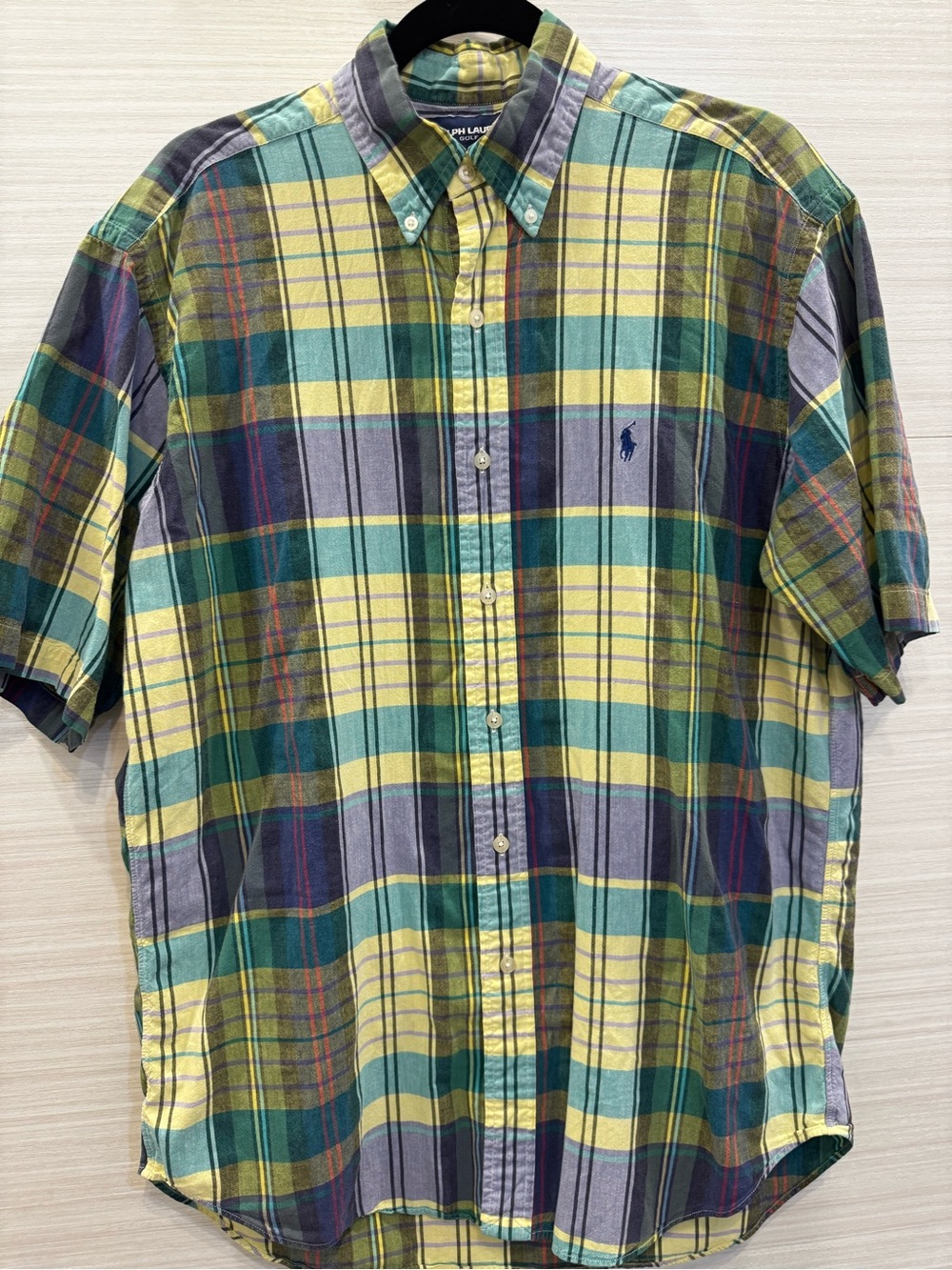 Ralph Lauren Golf Plaid Short-Sleeve Button-Down Shirt 100% Cotton size Medium